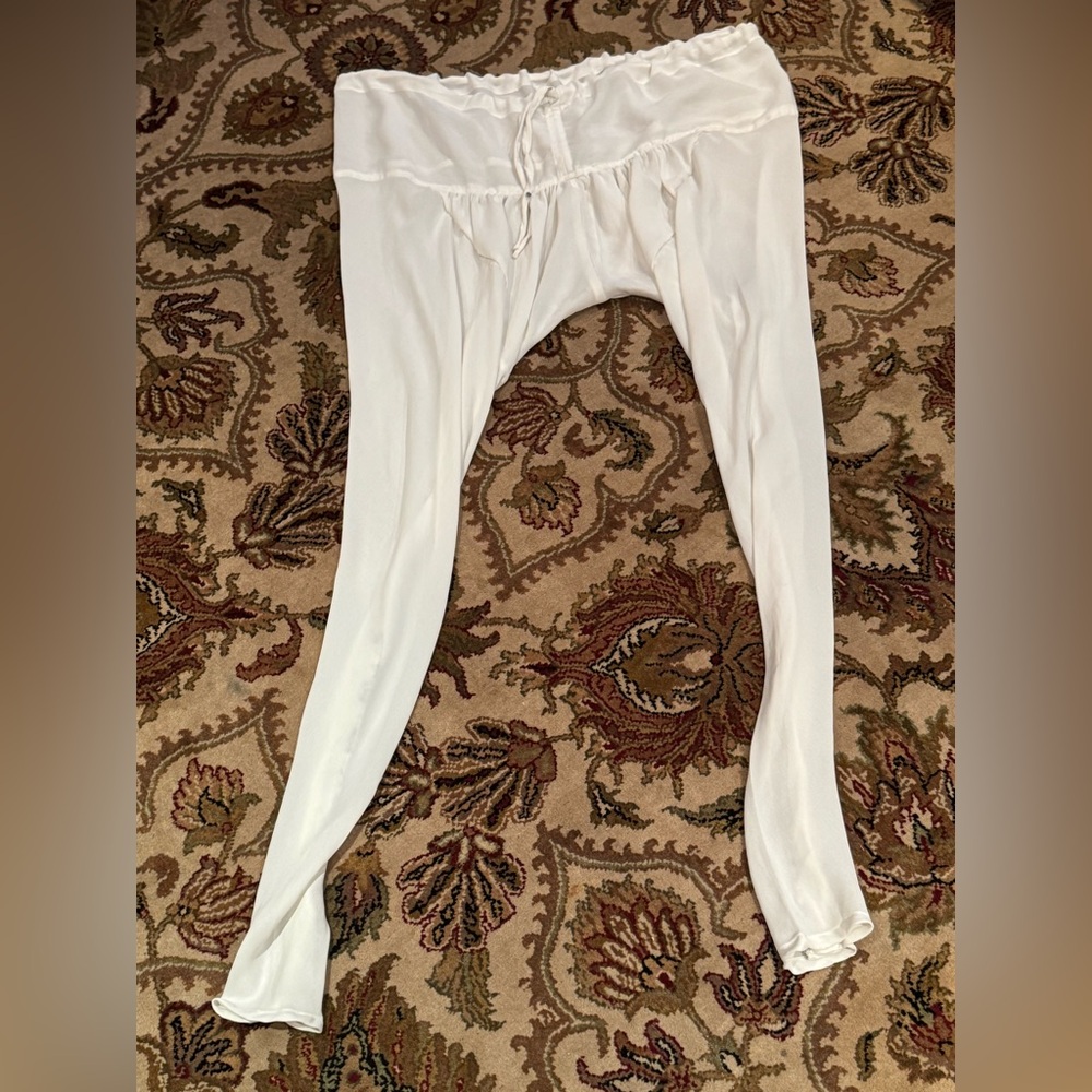 Chic White Drawstring Pants with Chudidar Style legs. Size: L(Flexible waist)